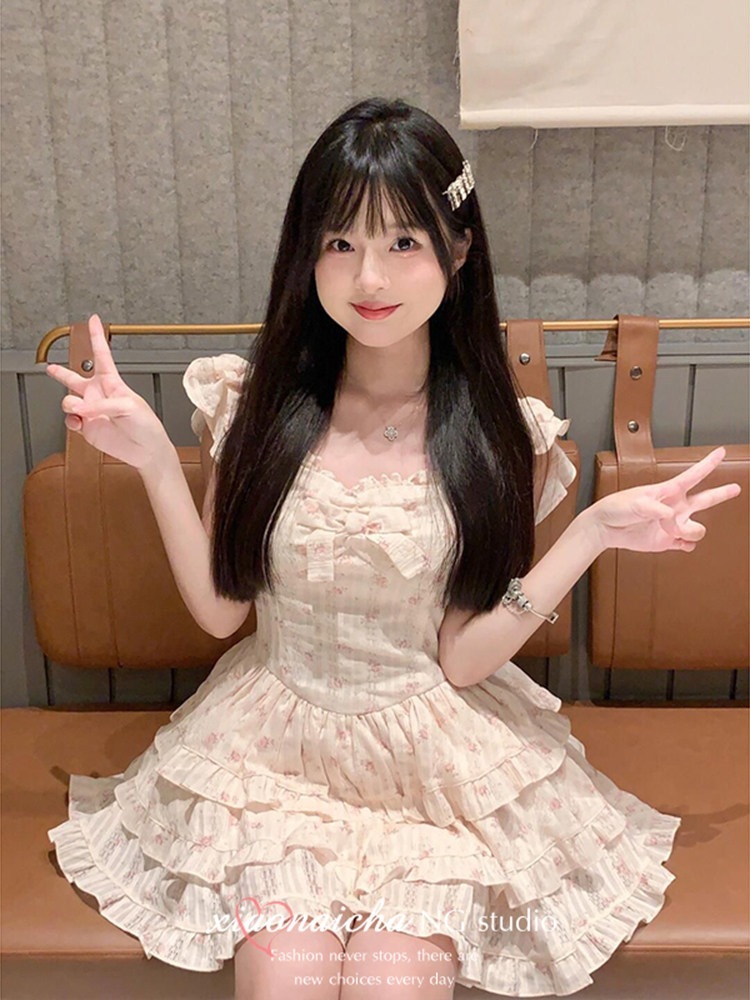 甘い小花柄夏の小柄な女性向け蝶結びウエスト逃亡プリンセス風スカート