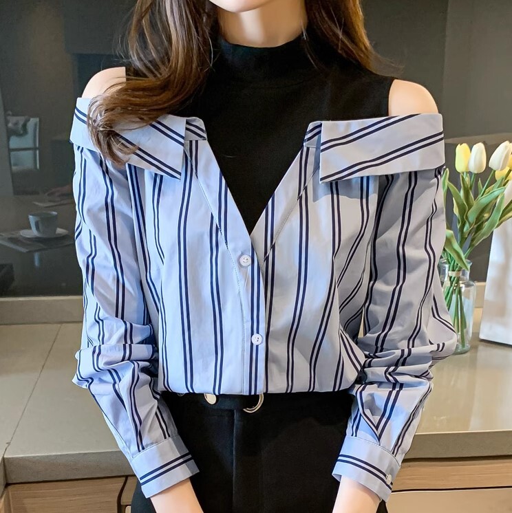 トップス ストライプ シャツ 長袖 オフショルダー ワンショルダー シフォン かわいい 大人可愛い きれいめ シンプル カジュアル 大人 上品 おしゃれ お洒落 かっこいい レトロ 大人女子 こなれ感
