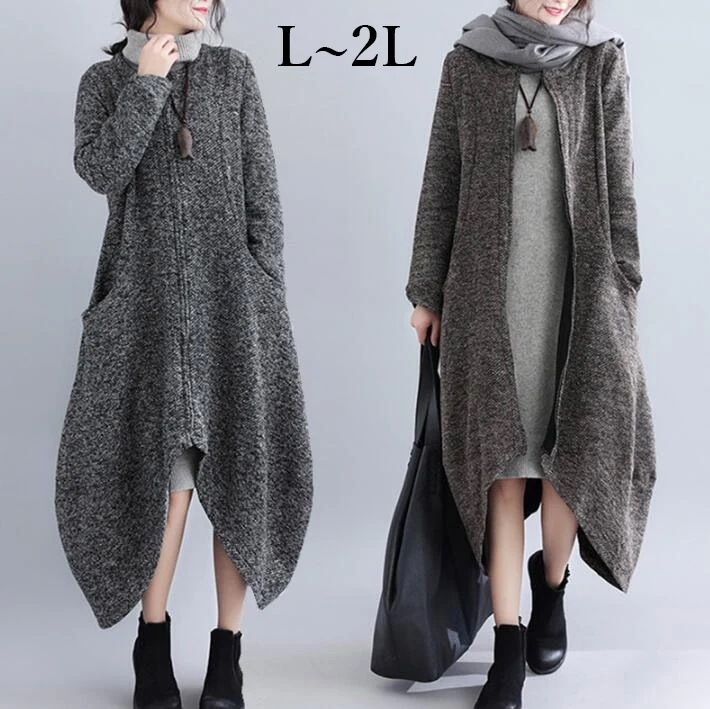 ロングコート　アウター　コート　ジャケット　アシンメトリー　レディース ロング　オシャレ レディース　ゆったり　大きいサイズ　秋冬物 冬物 冬服　L　LL　3L