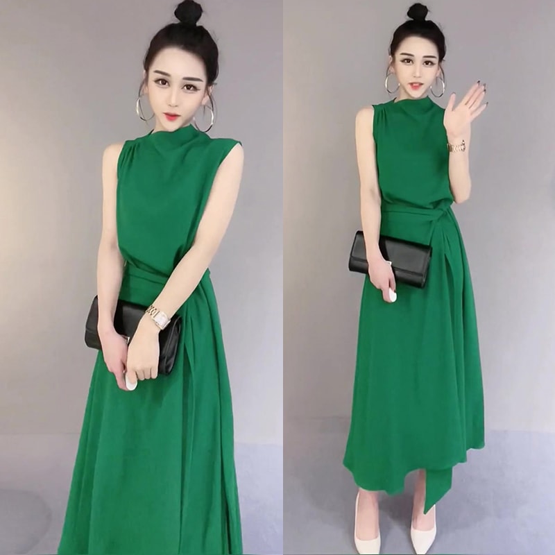 ワンピース フレアワンピース ワンピドレス ミモレ ミモレ丈 ロング ロング丈 袖なし ノースリーブ ハイネック クルーネック 襟なし セミフレア スリム 細身 ワイド ウエストマーク