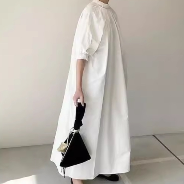 レディース スカート ワンピース ドレス ロングスカート ロング 7分袖 スタンドカラー ワイド Aライン ポケット 薄手 かわいい 大人可愛い きれいめ シンプル カジュアル 上品 おしゃれ レトロ