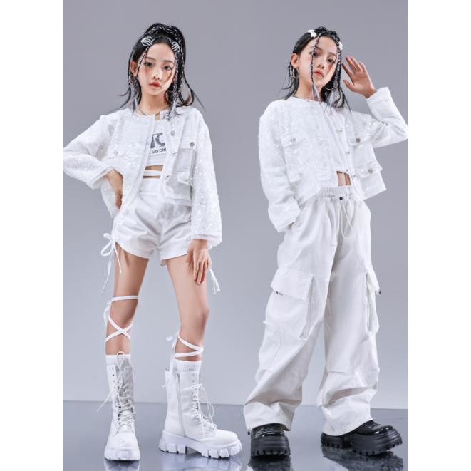 新しい子供用ダンスウェア ダンス 衣装 キッズ 白 セットアップ K-POP 韓国 子供ダンス服 ダンスウェア キッズダンス衣装 ガールズ へそ出しトップス パンツ 2枚購入で1105円OFF