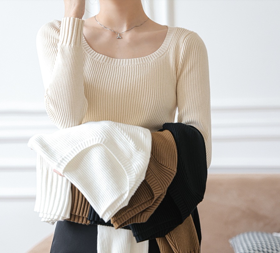 トップス セーター 袖あり 長袖 スクエアネック スリム タイト 細身 かわいい 大人可愛い