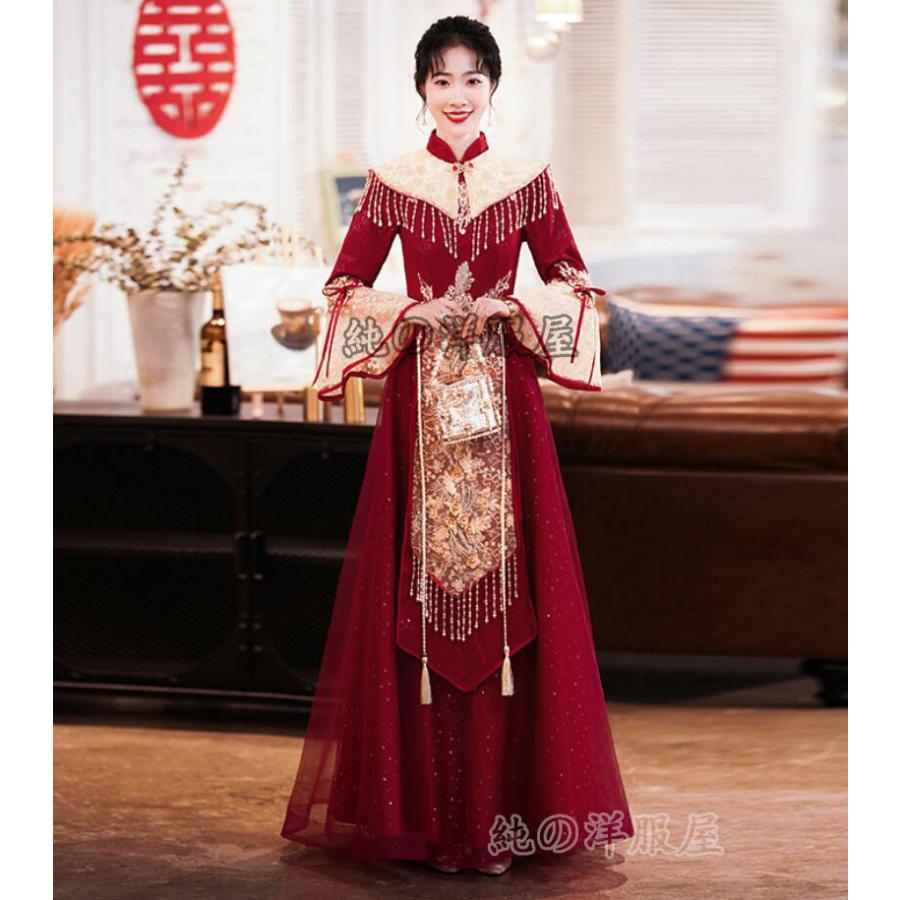 ロング丈 チャイナドレス 中国風ウエディングドレス マキシ丈 長袖 袖フリル 立体花 造花 金色な刺しゅう ゴージャス ラメ きらきら チャイナ風 フォマール パー30%までに制限