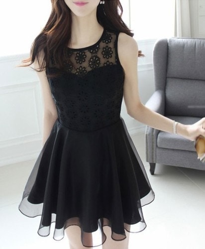 1476.花柄レースノースリーブドレス（ブラック） 結婚式 パーティドレス ワンピース 大きいサイズ レディース 可愛い ノースリーブ パーティー 2019 春夏 sale