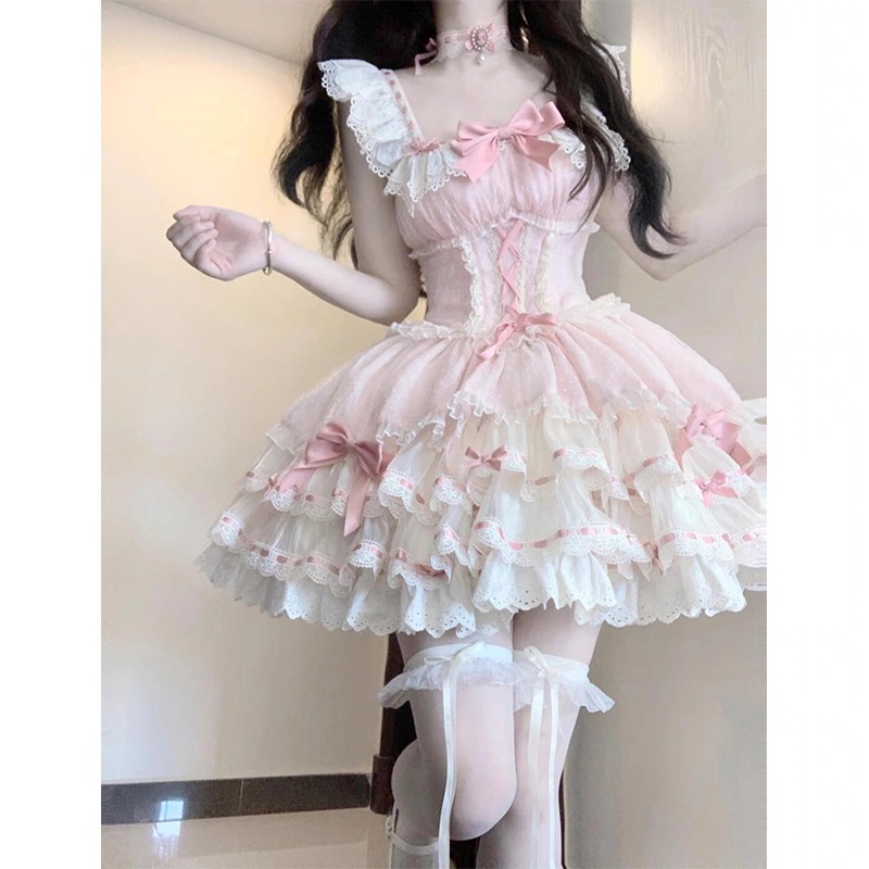 ピンク女の子バレエケーキスカートドレスロリータロリータ