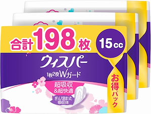 まとめ買い ウィスパー 1枚2役Wガード 女性用 吸水ケア 15cc おりもの&水分ケア 横モレ防止 パンティライナー 66枚入り 19cm 大容量パック 3個