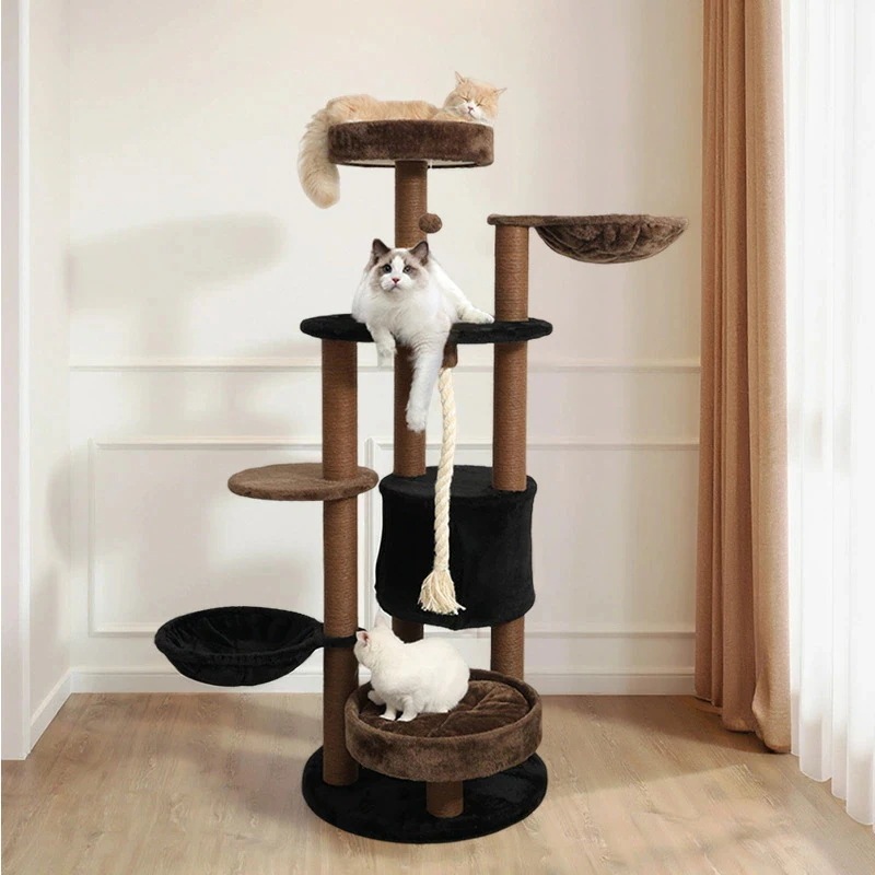 型猫対応 キャットタワー 木製 猫タワー 猫用家具 一体型 爪とぎ付き キャットハウス 付き 飛び台 シザル麻ロープ 高耐久