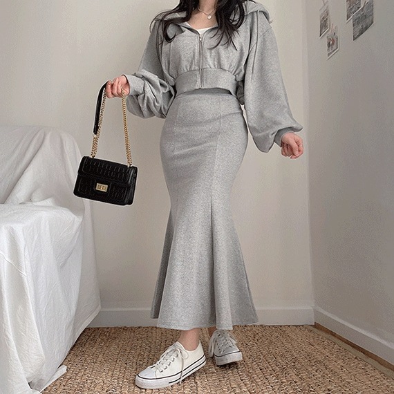 [フィット大~高クオリティーset!] リブ トレーニング パーカージップアップ ドルマン ルーズフィット クロップ バンディング ロング マーメイド スリット スカート ツーピース セット