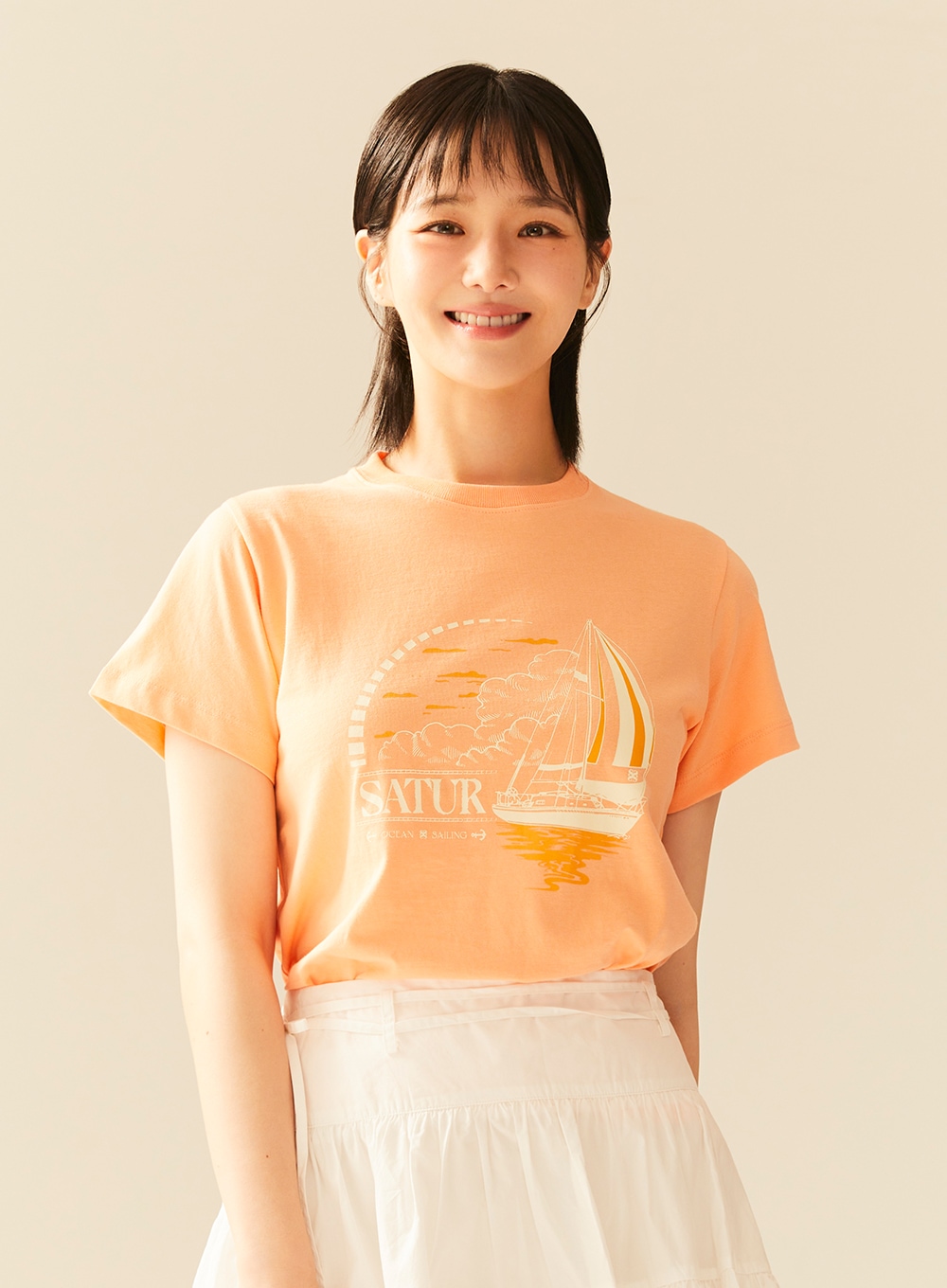 [세터] (W) セーリング グラフィック 半袖 Tシャツ ( Peach Coral )