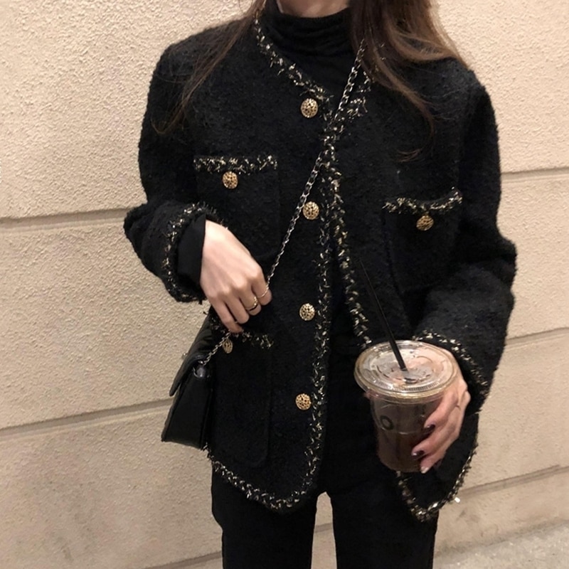 ブラック ツイードジャケット 秋 冬 アウター 韓国 ストリート 無地 パーティースタイル ホームパーティーアイテム ビジュー オフィススタイル エレガントスタイル カジュアルスタイル