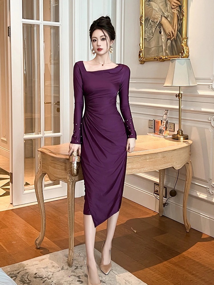 【JY.上品】 2024秋冬新品 ロング シワ ベーシック ドレス パーティー キャバ 大人 同窓会 披露宴 卒業式 結婚式 演奏会 ウェディング 二次会 メガ割