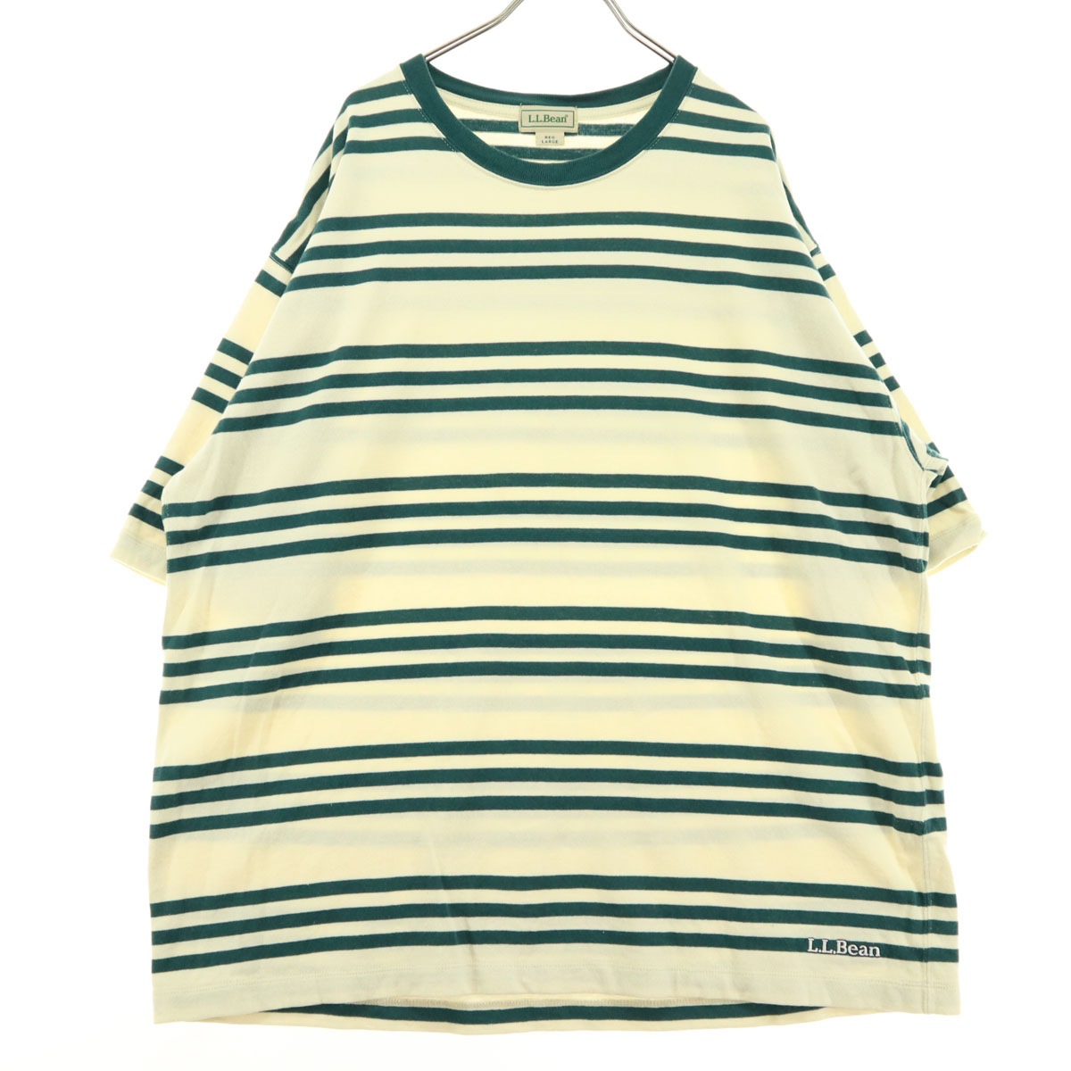美品 ボーダー柄 刺繍 半袖 ラウンドネック Tシャツ L ホワイト系 メンズ 古着