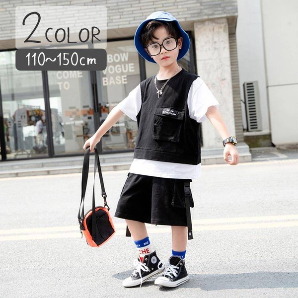 男の子 上下セット セットアップ 子供服 キッズ レイヤード風 Tシャツ 半袖 半ズボン かっこいい 夏休み 重ね着風 バイカラー ダンス衣装 スポーツ
