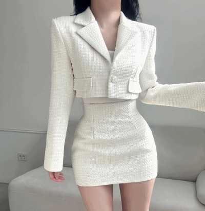 [フィット大ヒット!!/スリムフィット保障/高クオリティー] ツイード くるみボタン クロップ ショートジャケット 春 新商品 デイリー デートルック ガールフレンドルック サッアップ ツーピース セ