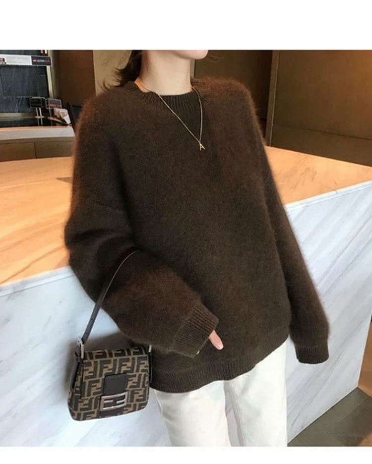 ニット モヘアニット ブラウン ネイビー 黒 韓国 レディース オルチャン トップス ニットソー セーター 袖あり 長袖 ボリューム袖 かわいい 大人可愛い きれいめ シンプル 大人 上品