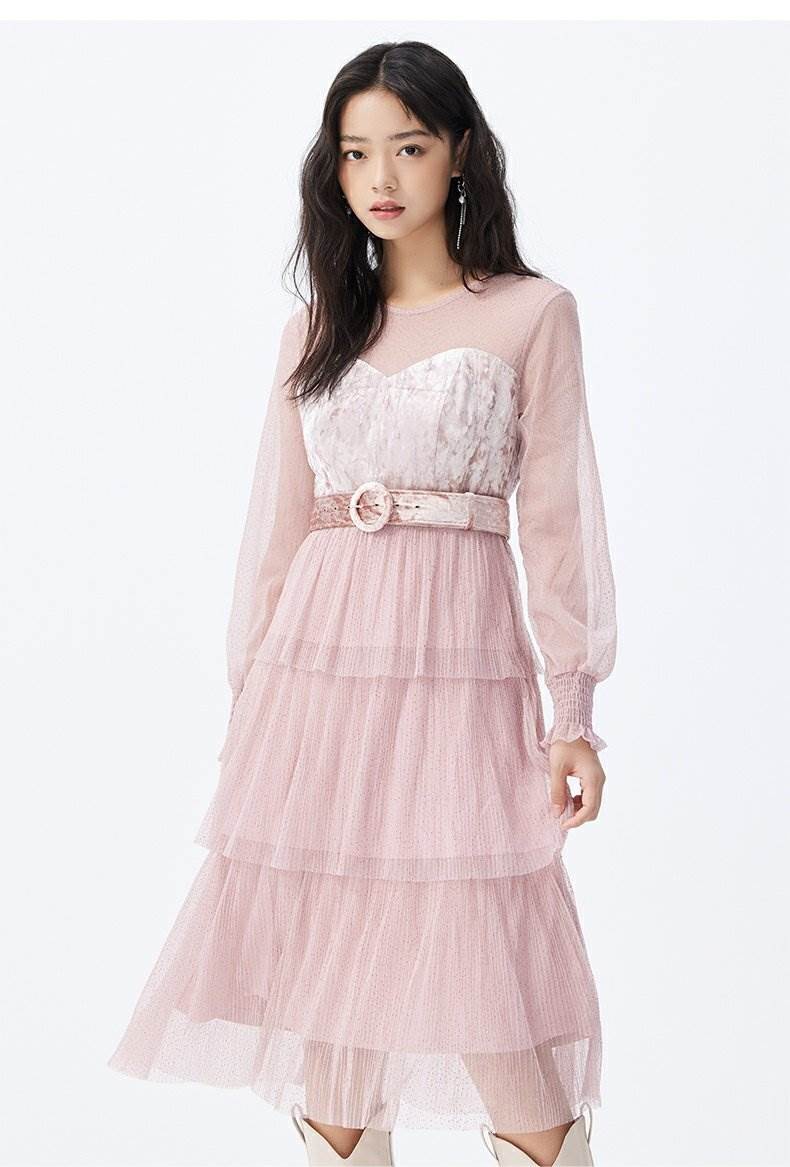 ドレス ロング ロング丈 袖あり 長袖 ラウンドネック ポリエステル繊維 メッシュ きれいめ シンプル 大人 おしゃれ お洒落 かっこいい こなれ感 ラフ 主役級 存在感 オールマッチ 爽やか 清涼感