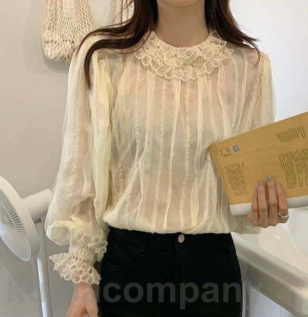 シアートップス シースルー シャツ ブラウス レディース トップス 長袖 花柄 フリル スタンドカラー バルーンスリーブ バルーン袖 シアーブラウス ボトルネック おしゃれ 大人可愛い きれいめ カジ