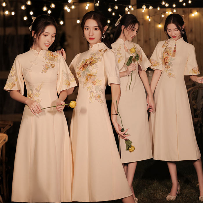 チャイナ風 立ち襟 ブライズメイドドレス 可愛い チャイナドレス 大人 発表会 パーティードレス ワンピース 母親 結婚式 花嫁ドレス 二次会ドレス お揃い ロングドレス ミモレ お呼ばれ 演奏会 イ