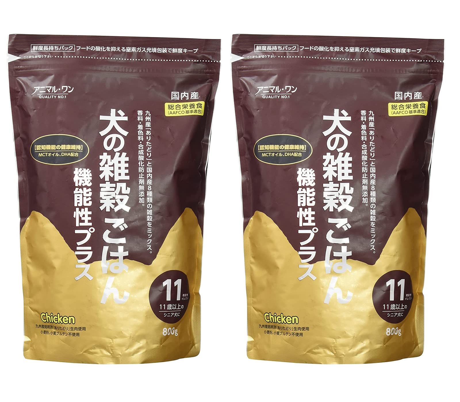 【全国送料無料】 アニマルワン ドッグフード 犬の雑穀ごはん 機能性イレブン チキン 11歳以上のシニア犬 800グラム（x２袋セット）