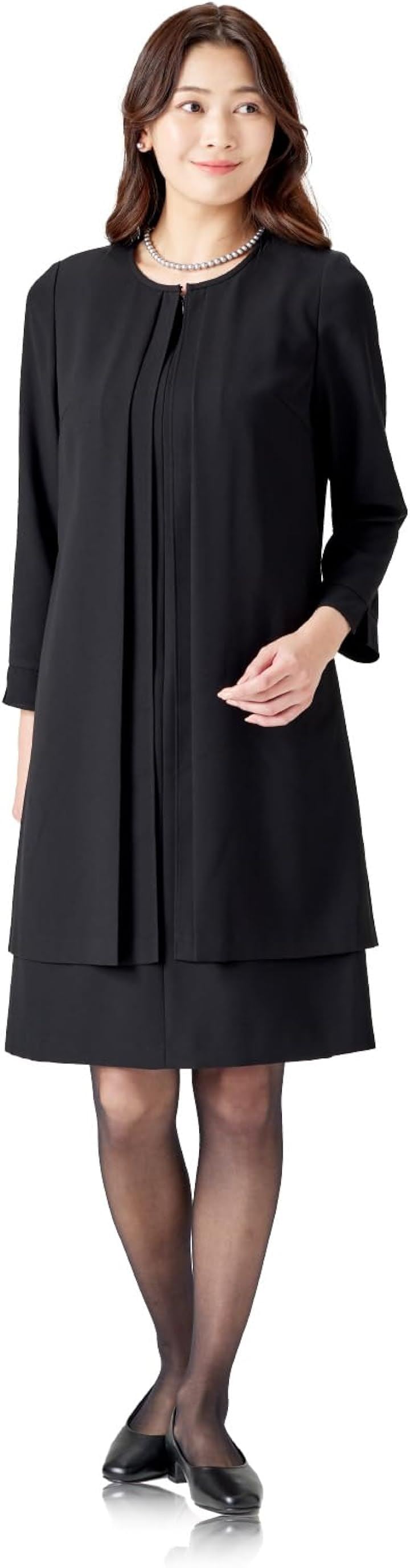 喪服 レディース 大きいサイズ 礼服 ブラックフォーマル 前開き 春 夏 秋 冬 オールシーズン 2枚重ね 準喪服( ［14］ 前開き 2枚重ね ワンピース ALB014, 9 号)