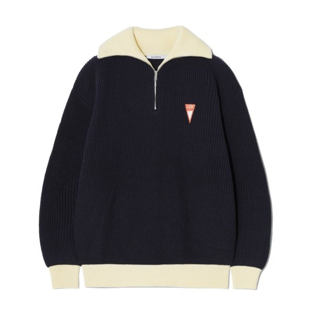 CODEGRY ピースワッフェンカラーハーフジップアップニット_ネイビー