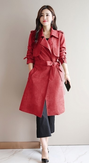 5133.ポーカースウェードコート（レッド）2019 春夏 sale 春夏 sale アウター ジャケット 美ライン おしゃれ カジュアル ロング丈 オフィス ビジネス お出かけ 女子会 普段使い 通