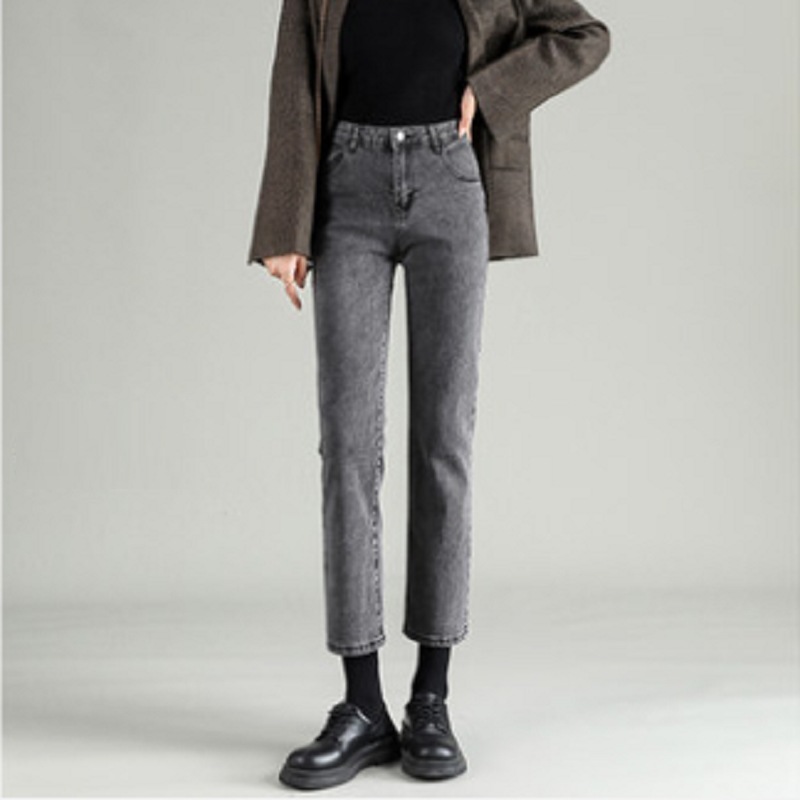 ボトムス デニム パンツ 9分丈 ストレート ファスナー ポケット ハイウエスト グレー ライトブルー ネイビー ホワイト アプリコット ブルー ブラック 個性的 無地 オールシーズン レディース