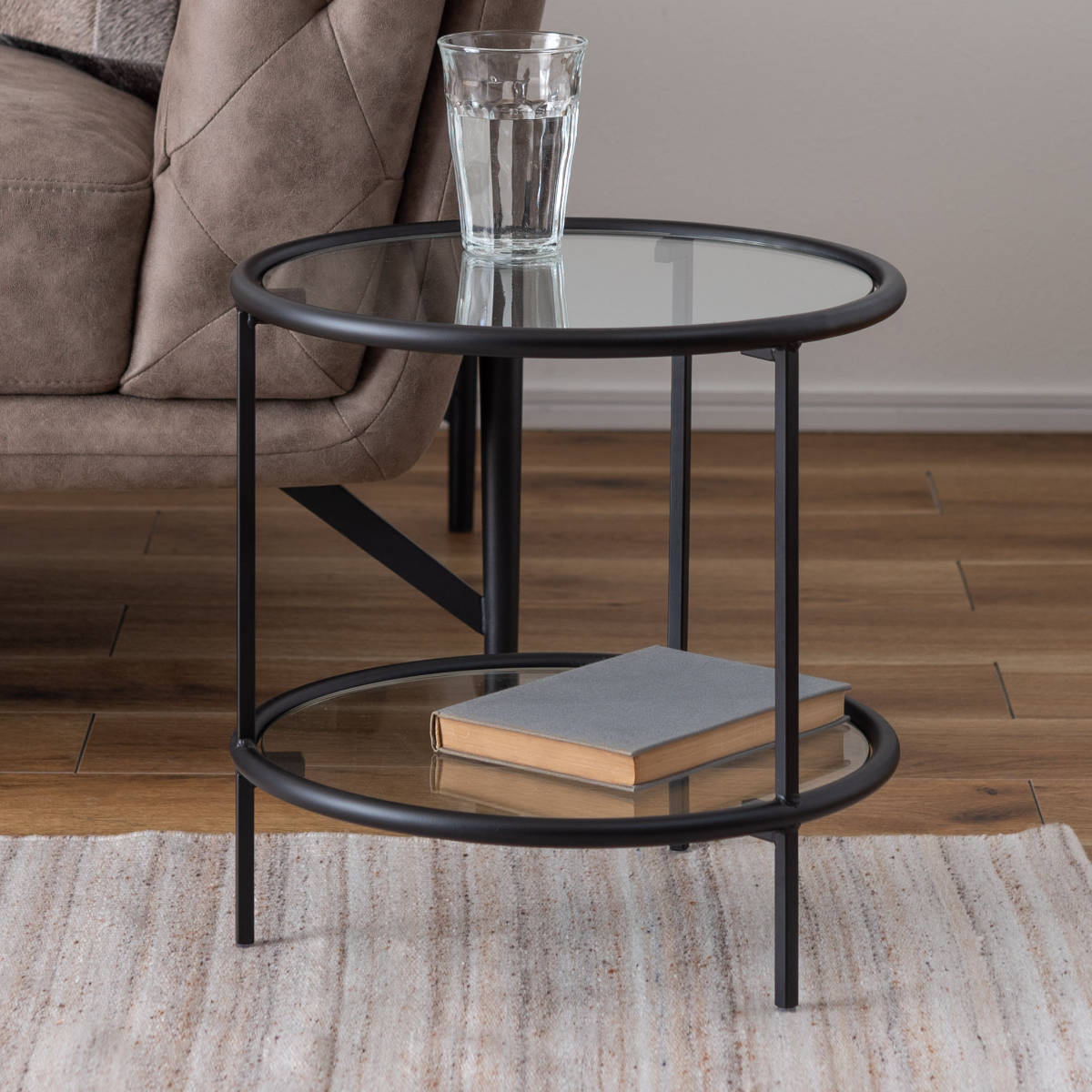 サイドテーブル 円型 高さ38.5cm 2段 ラウンドガラステーブル2D ガラス 天板 スチール ナイトテーブル ミニテーブル ソファ ベッド 横 モダン シンプル スタイリッシュ 完成品