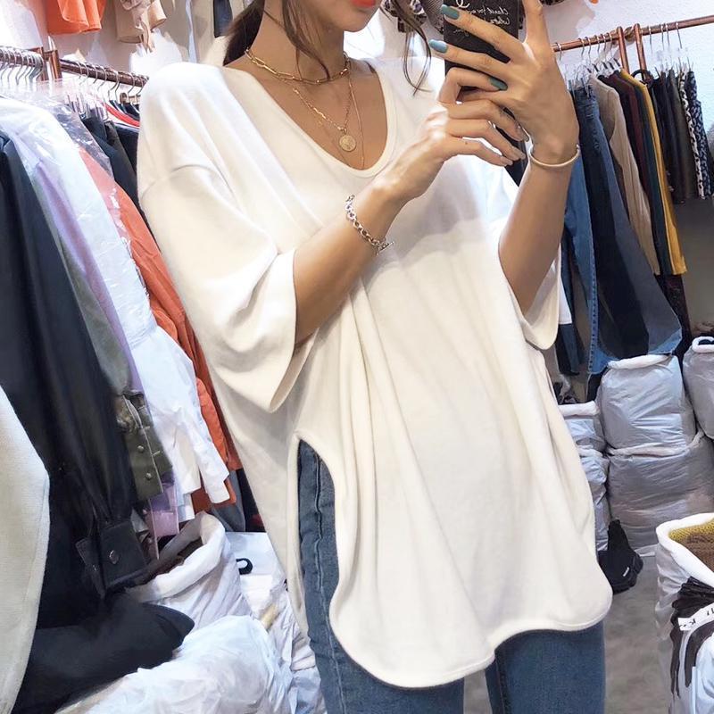 2024胖MM女装新款夏韩版300斤宽松大码百搭开叉V领五分袖t恤上衣