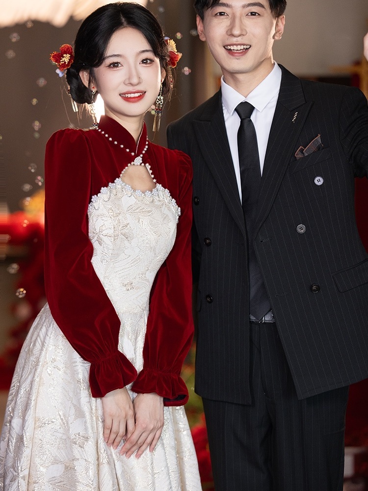 新風乾杯服2025新作婚約チャイナドレススカートレディース結婚式服ブライダルカジュアルウェア秋冬