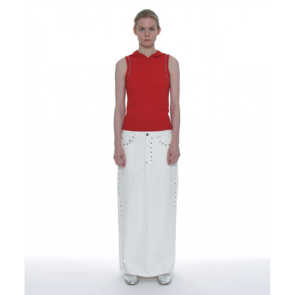 PARTIMENTO 女性用スタッズ付きデニムマキシスカート_ホワイト