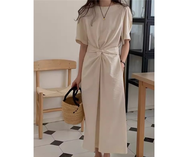 レディース ワンピース プルオーバー ロング 半袖 ラウンドネック ウエストマーク バックリボン 大人可愛い きれいめ シンプル カジュアル 上品 おしゃれ レトロ ラフ ガーリー ルーズ 個性的