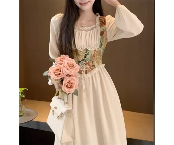 レディース ワンピース プルオーバー ミモレ ロング 長袖 ボリューム袖 バルーン袖 ランタンスリーブ スクエアネック Aライン フェミニン 刺繍 フリル ウエストマーク ハイウエスト 編み上げ