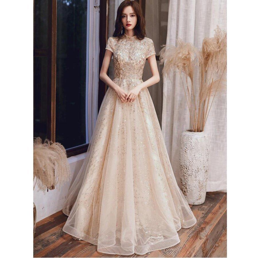 【正規品 急速出荷】ロング丈ドレス パーティードレス ウエディングドレス 立ち襟 おしゃれ 上品 大人 フォーマル 結婚式ドレス 披露宴 二次会