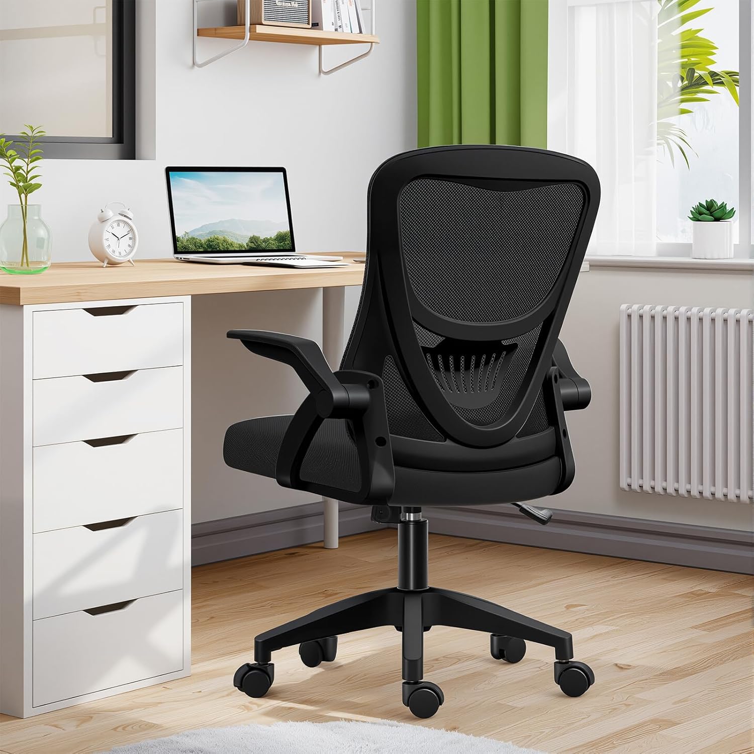 [EdoErgo] オフィスチェア 椅子 テレワーク 疲れない 跳ね上げ式アームレスト コンパクト 約105度ロッキング pc 事務椅子 360度回転 座面昇降 強化ナイロン樹脂ベース 通気性メッシュ