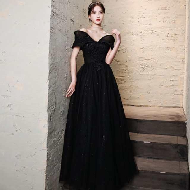 【2025新作入荷】黒のイブニングドレススカート高級感宴会ハイエンド気品ニッチ一肩女秋パーティー