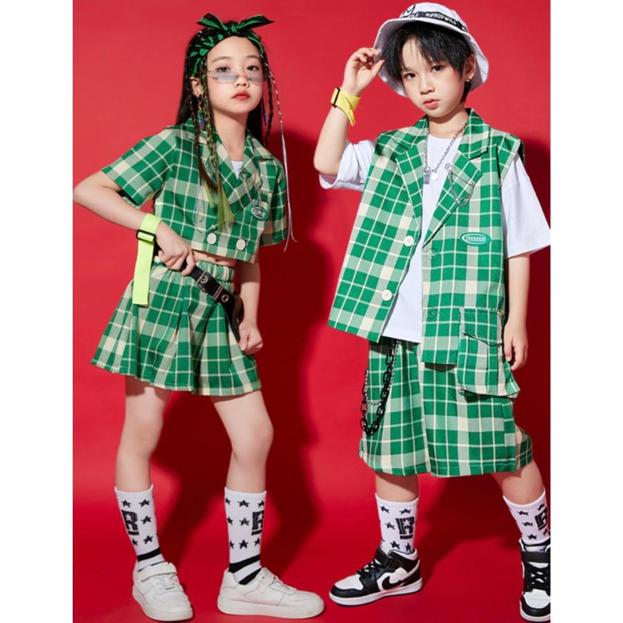 [新品入荷]キッズ ダンス 衣装 チェック セットアップ ガールズ ヒップホップ パンツ スカート tシャツ ヘソ出し hiphop kpop トップス 緑 ストリート 子供 女の子 男の子