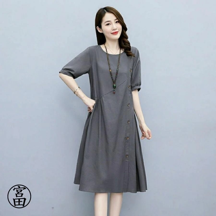 2つ目はサプライズチュニック ワンピース 膝丈 半袖 シャツワンピ ロングワンピ 無地 ゆったり ひざたけ チュニック シンプル 可愛い 大きいサイズ 体型カバー ボタン飾り