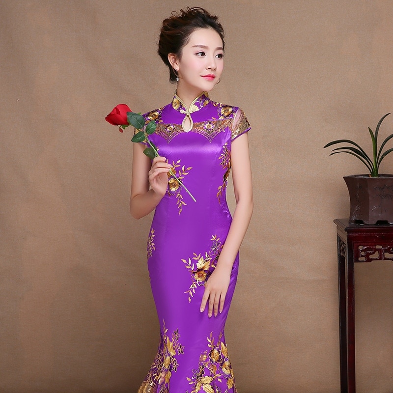 ワンピースドレスドレス紫色のスリムヒップろうしさのスリムテールチョンサム2025ショーエチケット刺繍ロングドレススカート