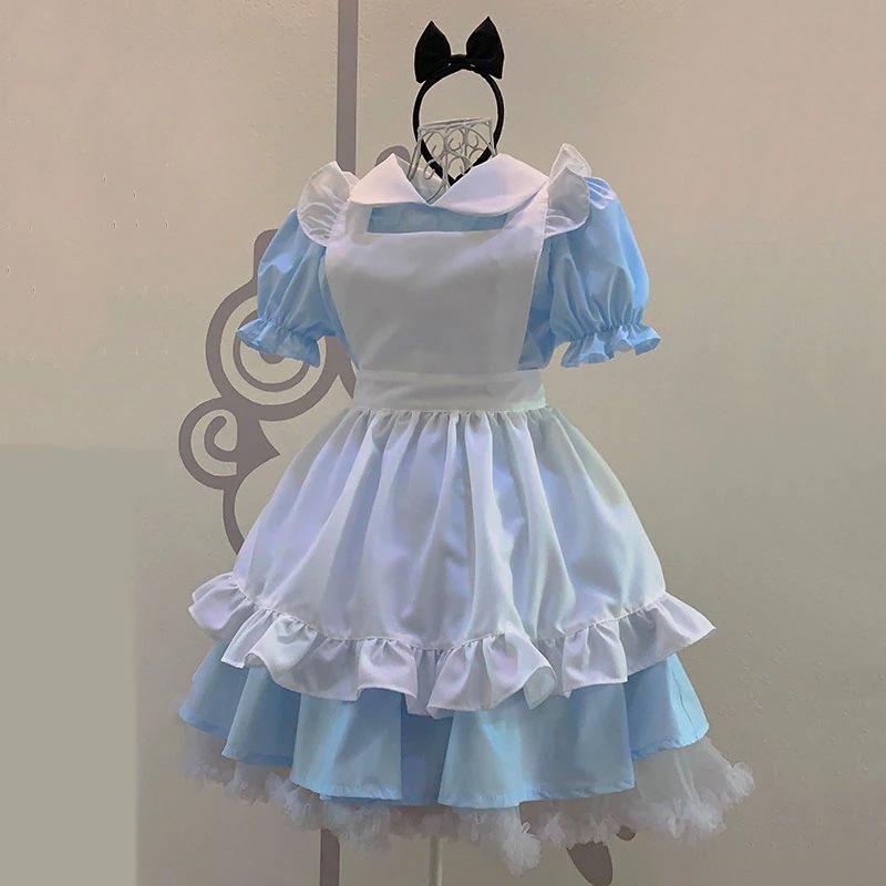 清楚水色 アリス風メイド服 丸襟 ロング 白エプロン 黒色カチューシャ付き