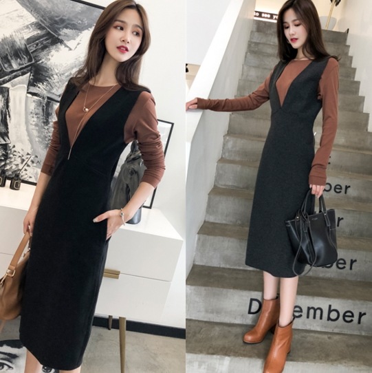 ワンピース 膝下 ノースリーブ Vネック スリム スマート デザイン 美ライン ニュアンス サイドスリット ファスナー カラバリ スタイルアップ モノトーン クリーン かわいい 大人可愛い きれいめ