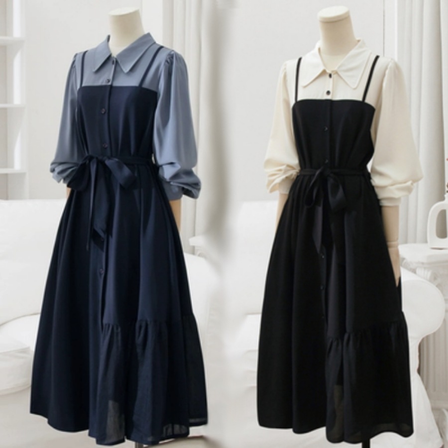 ワンピース シャツワンピース フレアワンピース ミモレ丈 襟付き スタンダードカラー 長袖 パフスリーブ ボリューム袖 Aライン 切り替えデザイン ドッキング フェイクレイヤード ハイウエスト