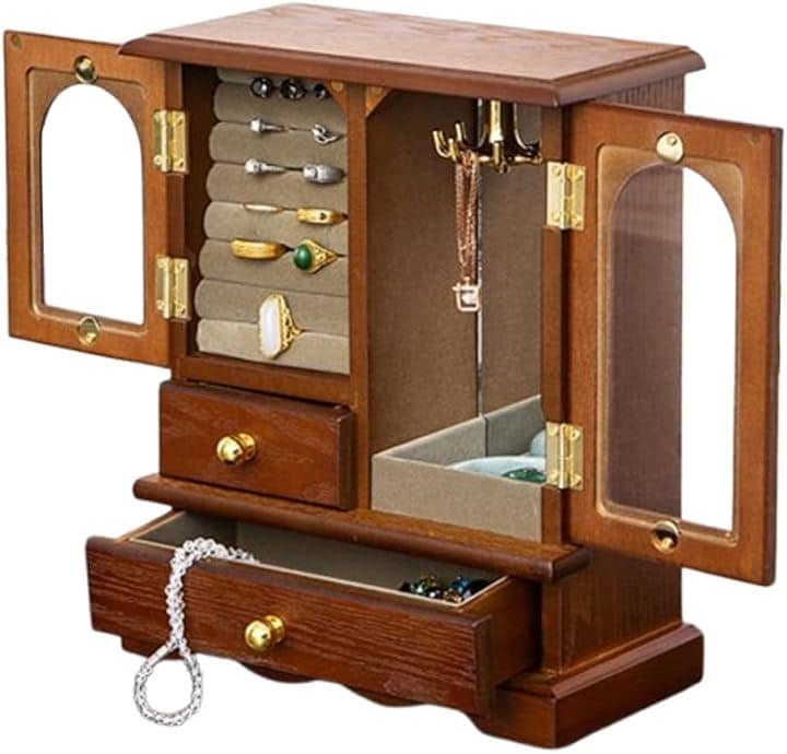 イヤリングバッグ ジュエリーボックス 木製 アクセサリーケース 鏡付き 21.5x26x11 cm(ダークブラウン, 画像参照)