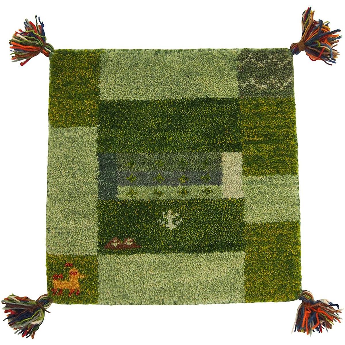 萩原 ギャッベ チェアパッド グリーン 約40×40cm 1枚 GABBEH D11 チェアマット ウール おしゃれ インド 厚み2cm ふかふか 椅子クッション