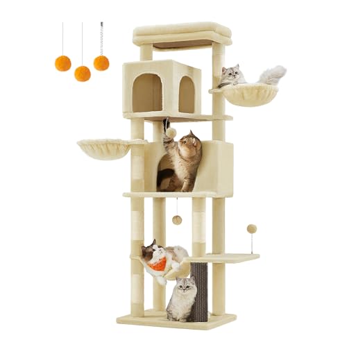 FEANDREA キャットタワー 猫タワー スリム 大型猫用 多頭飼い 据え置き 登りやすい 省スペース ハンモック 見晴台 ねこハウス ボンボン 天然麻紐 高さ175cm 猫用キャットタワーが新登場