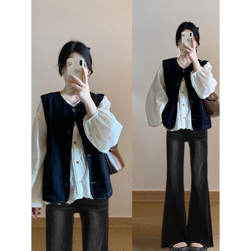 2024年秋の女性の穏やかな摩耗ニューエイジを減らす丸いネックシャツレイヤーベストベストスーツトレンド