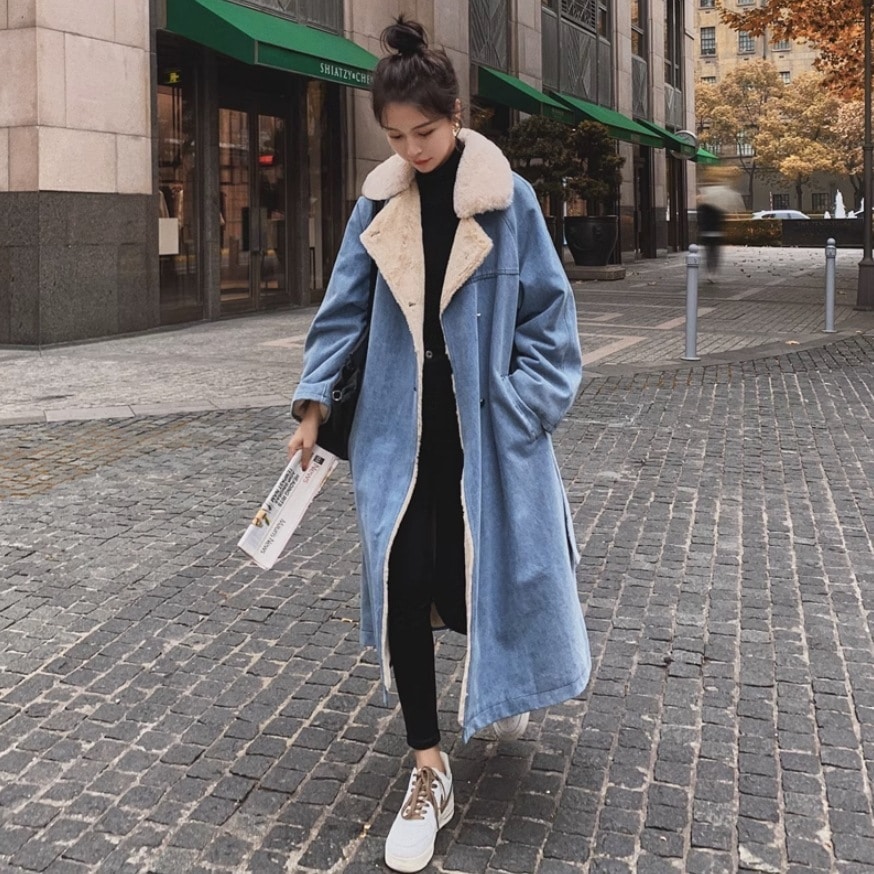 デニムブルー レディース ジャケット アウター 上着 ロングコート デニムジャケット テーラードジャケット ロング マキシ 長袖 襟付き ベルト もこもこ ふわふわ ポケット ブルーデニム 中厚手