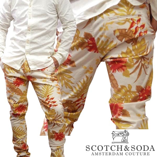 スコッチ&ソーダ スコッチアンドソーダ scotch&soda メンズ テーパード コットンパンツ リーフ柄 ベルト付き ベージュ ズボン ボトムス カジュアル サーフ セレブ ストリート ヨーロピア