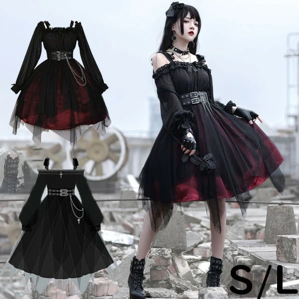 ロリータ ゴスロリ ワンピース Aライン Lolita オフショルダー レディース コスチューム 病みかわ クラロリ 衣装 かわいい フリル 仮装 パーティ イベント 可愛い ブラック 黒 dg298 11,243円